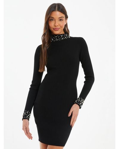 Quiz Knit Pearl Detail Long Sleeve Sweater Dress - Black
