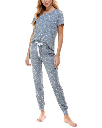 Roudelain Printed Short Sleeve Top & jogger Pajama Set - Blue