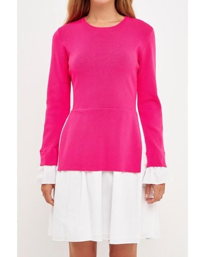 English Factory Poplin Combo Knit Dress - Pink