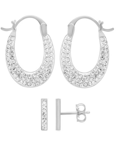 Essentials Crystal Bar Stud Pave Oval Hoop Duo Earring Set - White