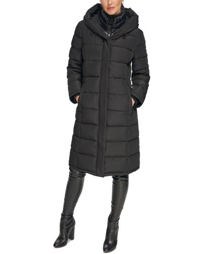 DKNY Petite Bibbed Hooded Puffer Coat - Black