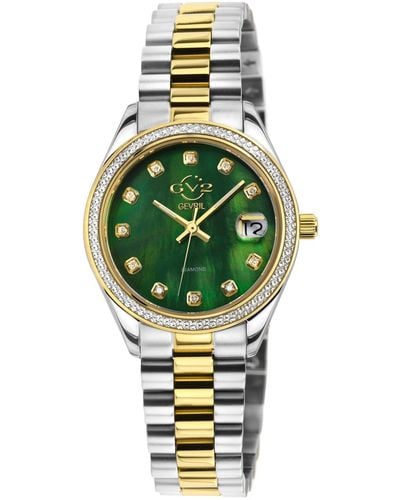 Gevril Naples Swiss Quartz Diamond Two-toned Ss Ipyg Stainless Steel Bracelet Watch 32mm - Green