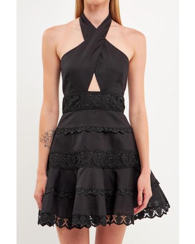 Endless Rose Halter Neck Lace Trim Dress - Black