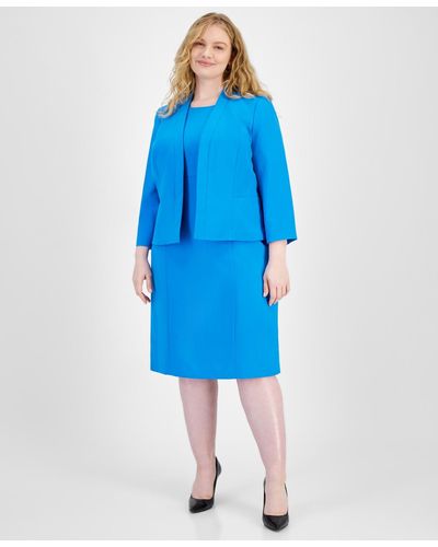 Le Suit Plus Size Crepe Open Front Jacket And Crewneck Sheath Dress Suit - Blue