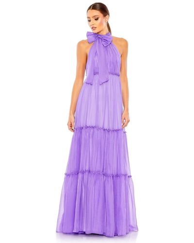 Mac Duggal Ieena Ruched Tiered High Neck Bow A Line Gown - Purple