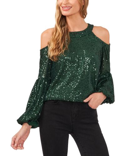 Cece Sequined Long Sleeve Cold-shoulder Blouse - Green