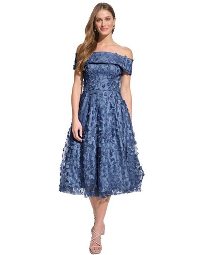 Eliza J Petite 3d Floating Flowers Off-the-shoulder Midi Dress - Blue