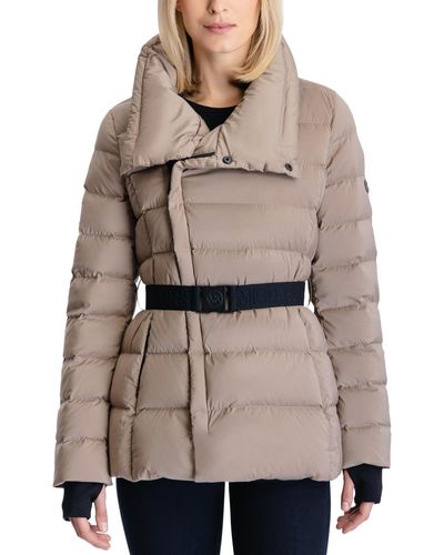 Michael Kors Stretch Asymmetrical Belted Packable Down Puffer Coat - Natural