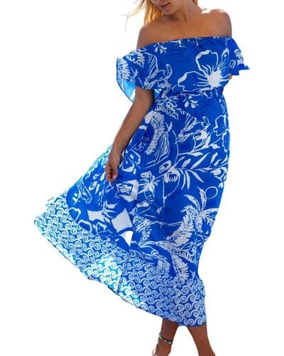 CUPSHE Blue Floral Off-shoulder Maxi Beach Dress