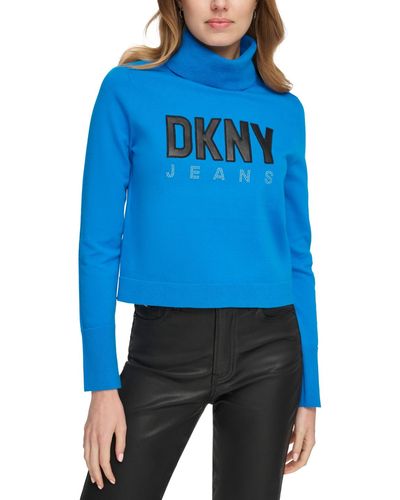 DKNY Faux-leather-logo Turtleneck Sweater - Blue