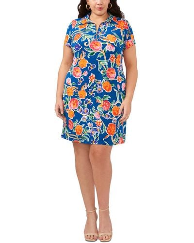 Msk Plus Size Floral-print Zip-front Shift Dress - Blue
