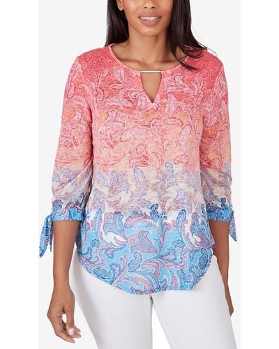 Ruby Rd. Petite Ombre Guava Paisley Printed Knit Top - Red