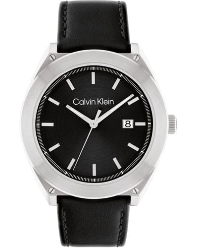 Calvin Klein Leather Strap Watch 44mm - Black