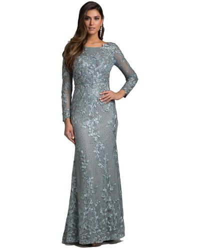 Lara Long Sleeve Lace Dress With Lace Appliques - Blue