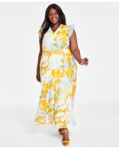 Vince Camuto Plus Size Printed Flutter-sleeve Tiered Maxi Dress - Metallic