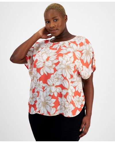 Anne Klein Plus Size Printed Boat-neck Short-sleeve Top - Red
