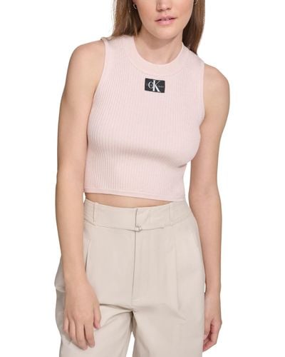 Calvin Klein Ribbed Angled-hem Cropped Logo Top - Multicolor