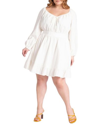 Eloquii Plus Size Puff Sleeve Linen Mini Dress - White