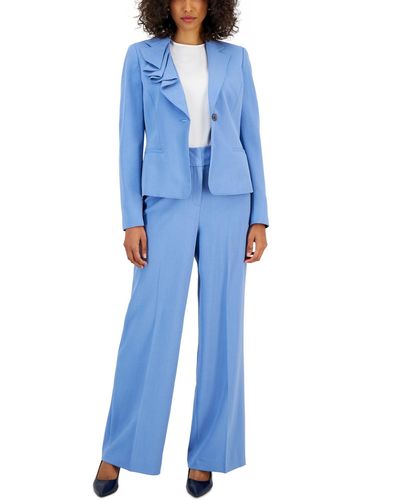 Nipon Boutique Asymmetrical Ruffled One-button Jacket & Wide-leg Pant Suit - Blue