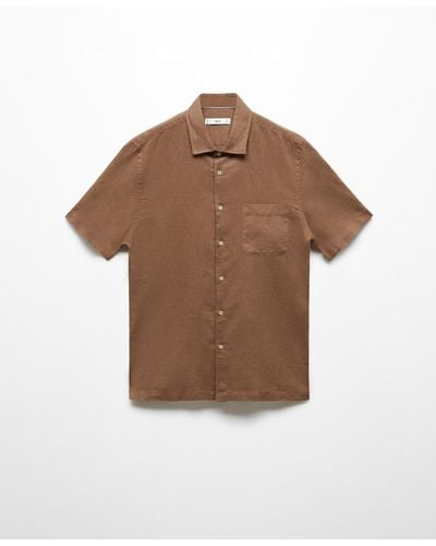 Mango Regular-fit Linen Short-sleeved Shirt - Brown