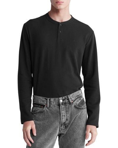 Calvin Klein Long Sleeve Smooth Cotton Waffle Henley - Black