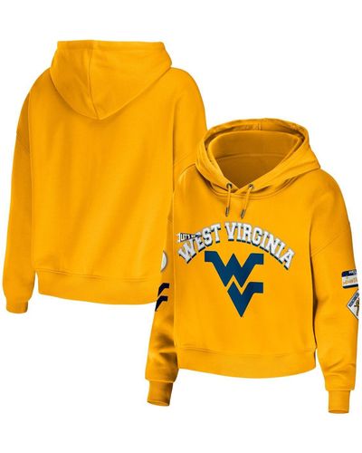 WEAR by Erin Andrews West Virginia Mountaineers Mixed Media Cropped Pullover Hoodie - Yellow