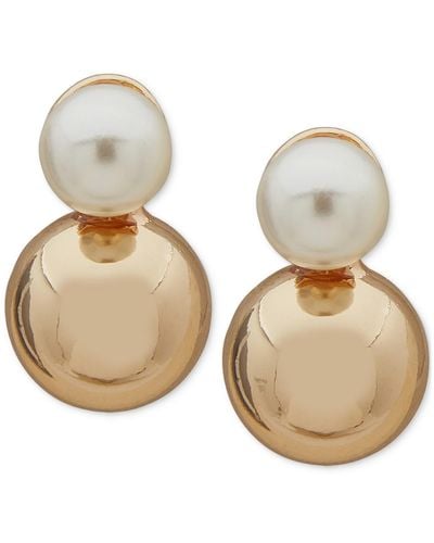 Anne Klein Gold-tone & Imitation Pearl Bead Stud Earrings - Natural