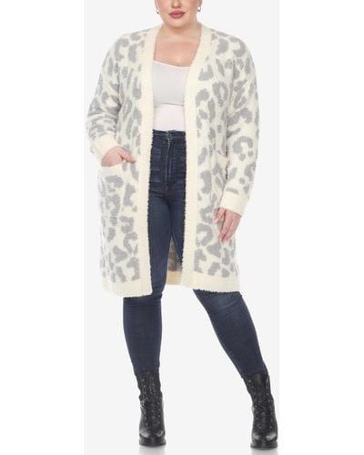 White Mark Plus Size Leopard Print Open Front Sherpa Sweater - White