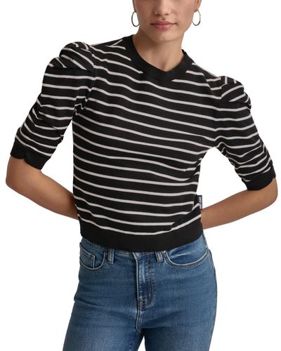 DKNY Striped Ruched-sleeve Crewneck Top - Black