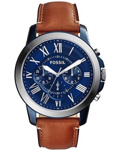 Fossil Chronograph Grant Light Brown Leather Strap Watch 44mm - Blue