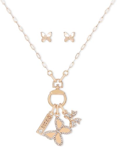 Guess Butterfly Charm Pendant Necklace & Stud Earrings Gift Set - White