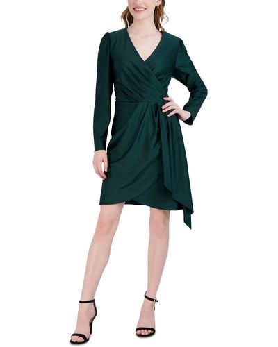 Julia Jordan Pleated Faux-wrap Long-sleeve Dress - Green