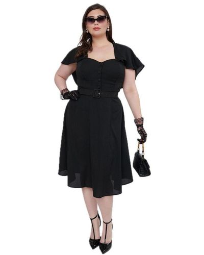 Unique Vintage Plus Size Woven Detachable Capelet Swing Dress - Black
