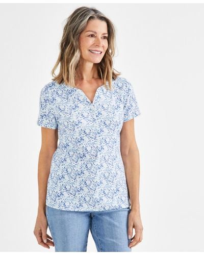 Style & Co. Short-sleeve Printed Henley Top - Blue