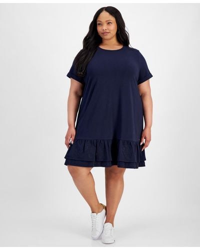 Tommy Hilfiger Plus Size Short-sleeve Tiered Embroidered Dress - Blue