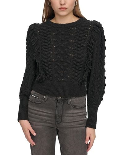 DKNY Crewneck Long-sleeve Flange Sweater - Black