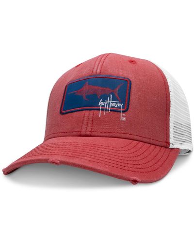 Guy Harvey Woven Billfish Patch Distressed Trucker Hat - Red