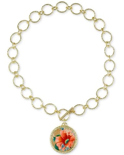 Patricia Nash Gold-tone Flower-print Leather 21" Pendant Necklace - Metallic