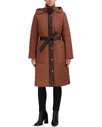 Cole Haan Belted Hooded Quilted Coat - Brown