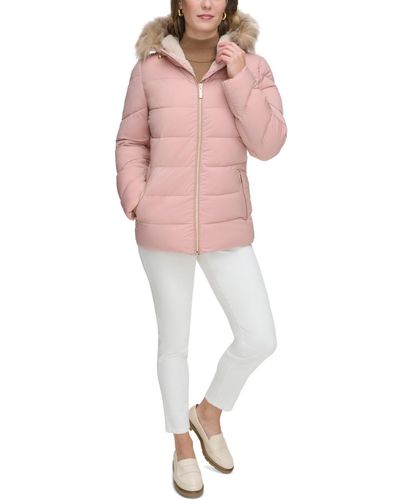 Calvin Klein Stretch Faux-fur-trim Hooded Puffer Coat - Pink