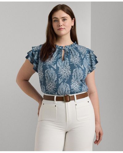 Lauren by Ralph Lauren Plus Size Linen-blend Tie-neck Flutter-sleeve Top - Blue