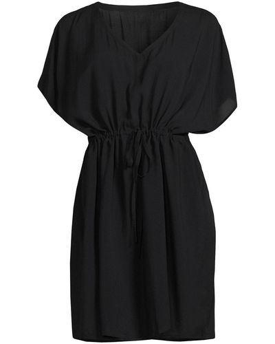 Lands' End Petite Sheer Over D Short Sleeve Gathered Waist Swim Cover-up Dress - Black
