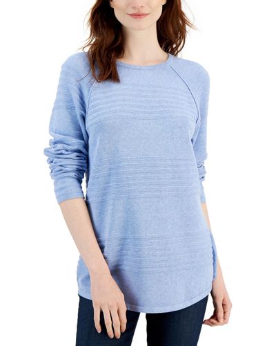Karen Scott Cotton Textured-stripe Raglan-sleeve Sweater - Blue