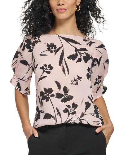 DKNY Petite Printed Puff-sleeve Boat-neck Blouse - Brown