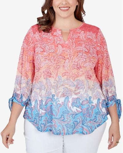 Ruby Rd. Plus Size Ombre Guava Paisley Printed Knit Top - Red