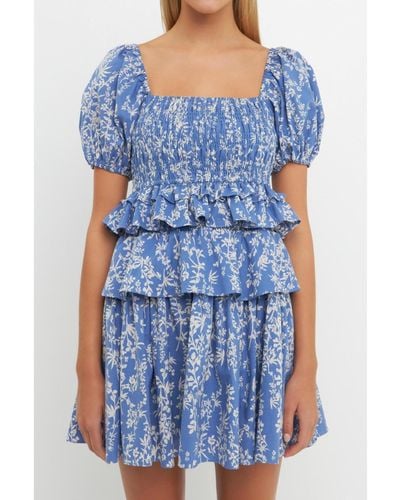 Free the Roses Floral Smocked Tiered Mini Dress - Blue