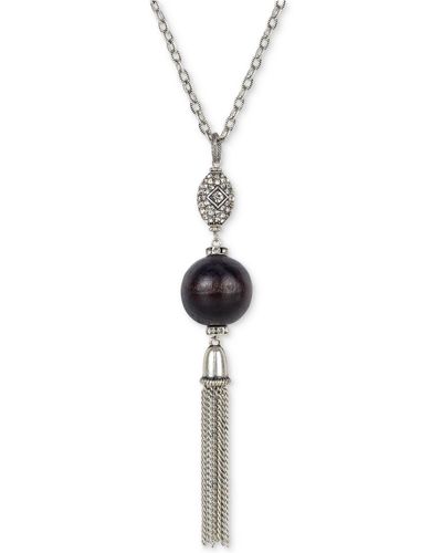 Patricia Nash Silver-tone Pavé, Wood Bead & Chain Tassel Long Lariat Necklace, 30" + 3" Extender - White