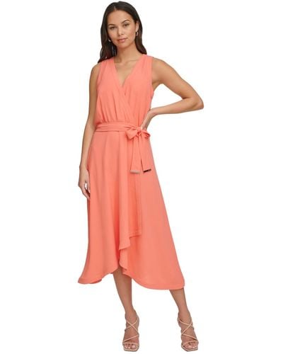 DKNY Faux-wrap Sleeveless Tie-waist Midi Dress - Pink