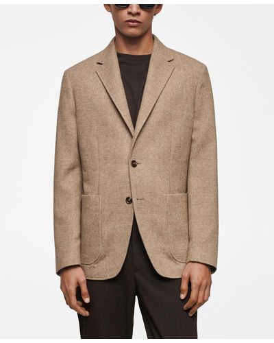Mango Slim-fit Herringbone Wool Suit Jacket - Natural