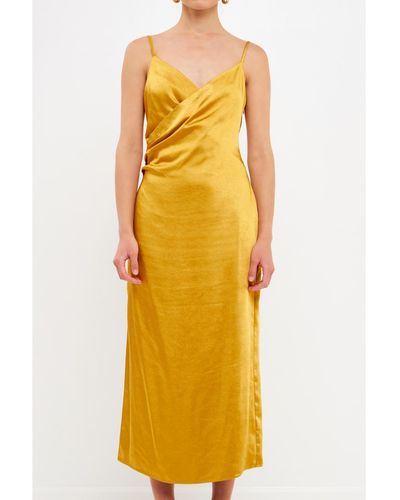 Endless Rose Satin Wrap Midi Dress - Yellow